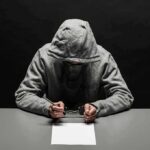 77 Break-Ins—Families On Edge Person in gray hoodie writing while handcuffed at a table