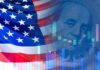 American flag overlaid with stock market charts and currency imagery