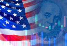 American flag overlaid with stock market charts and currency imagery