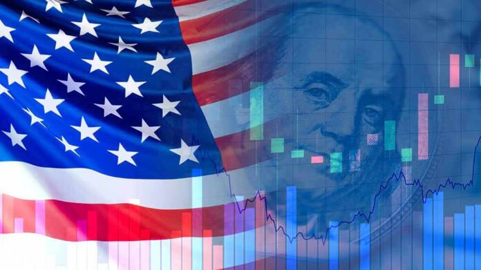 shutterstock_1752056588 American flag overlaid with stock market charts and currency imagery