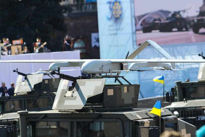 Military drone mounted on armored vehicle