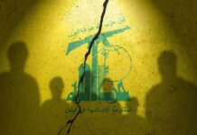 Iran Chain Exposed—Hezbollah Not Autonomous Hezbollah flag graphic with crack and silhouetted figures