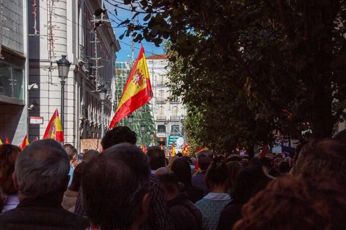 Crowd with Spanish flags in a city street