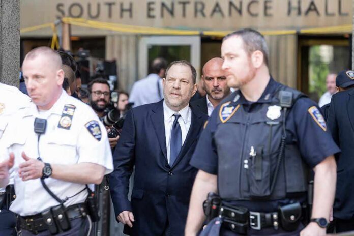shutterstock_1106114321 Harvey Weinstein walks outside a courthouse surrounded by police officers