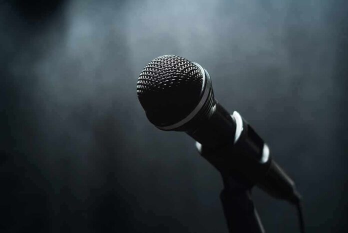 shutterstock_114858409 Microphone on a stand against a dark blurred background