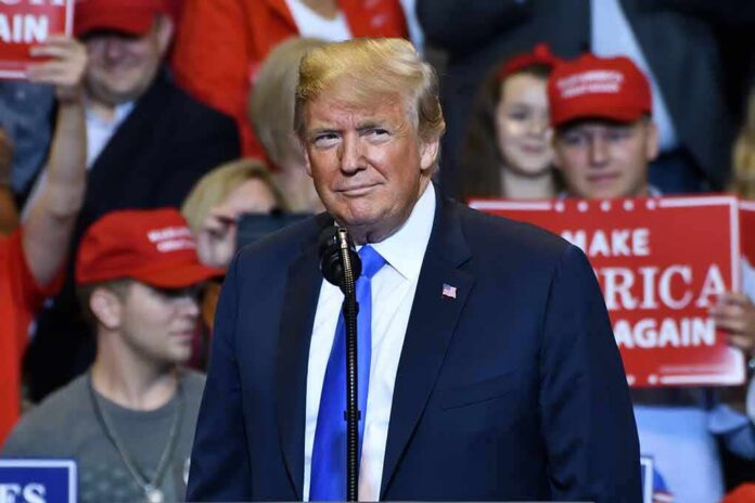 shutterstock_1149680009 Donald Trump at a rally speaking at a microphone