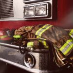Firefighter gear on the front of a fire truck