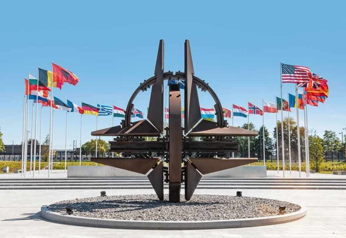 NATO emblem sculpture surrounded by member flags