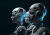 row of humanoid robots with mechanical heads in profile