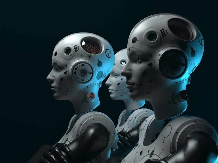 row of humanoid robots with mechanical heads in profile