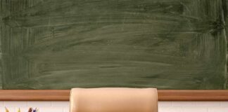 Teacher's desk with books, apple, and chalkboard