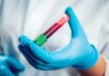 Gloved hand holding a blood sample tube
