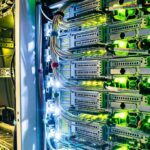 Server rack with network cables and glowing indicator lights