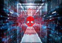 Red skull malware symbol over a server room corridor