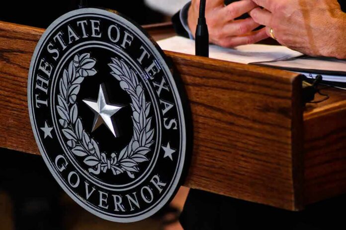 Texas governor seal on wooden podium