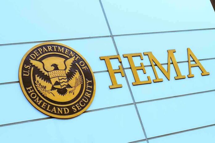 FEMA sign and Homeland Security seal on building facade