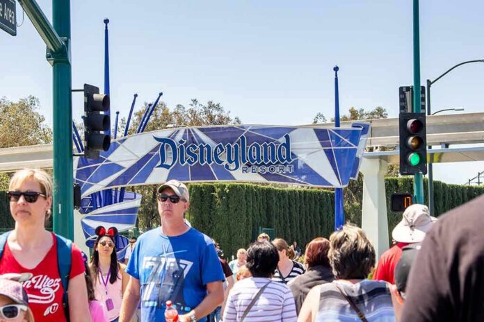 shutterstock_1415780732-1 Crowd walking past a Disneyland Resort entrance sign