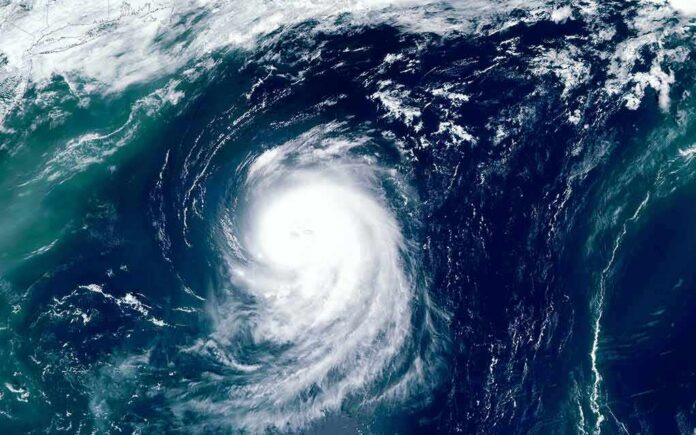 Satellite view of a powerful hurricane swirling over the ocean