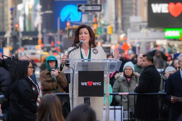 Kathy Hochul speaks at a clear podium in a city street; Josh Boyce stands among the crowd