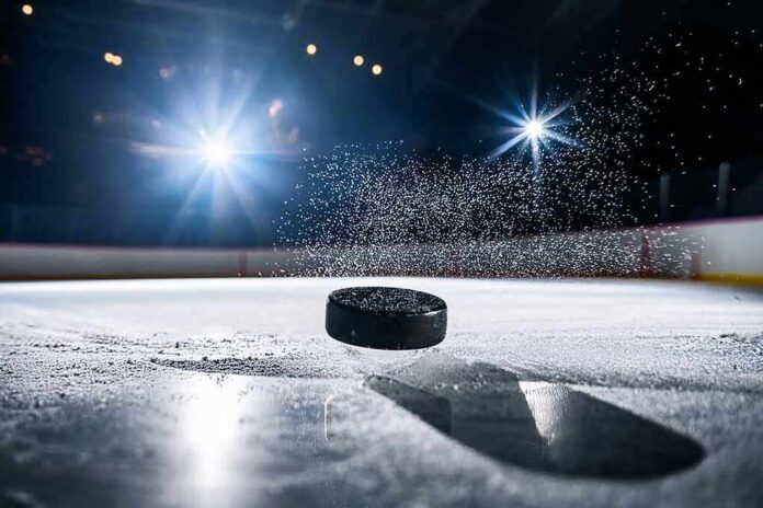 Hockey puck skimming across ice under arena lights