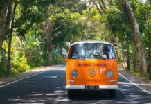 Orange vintage van driving on a tree-lined road